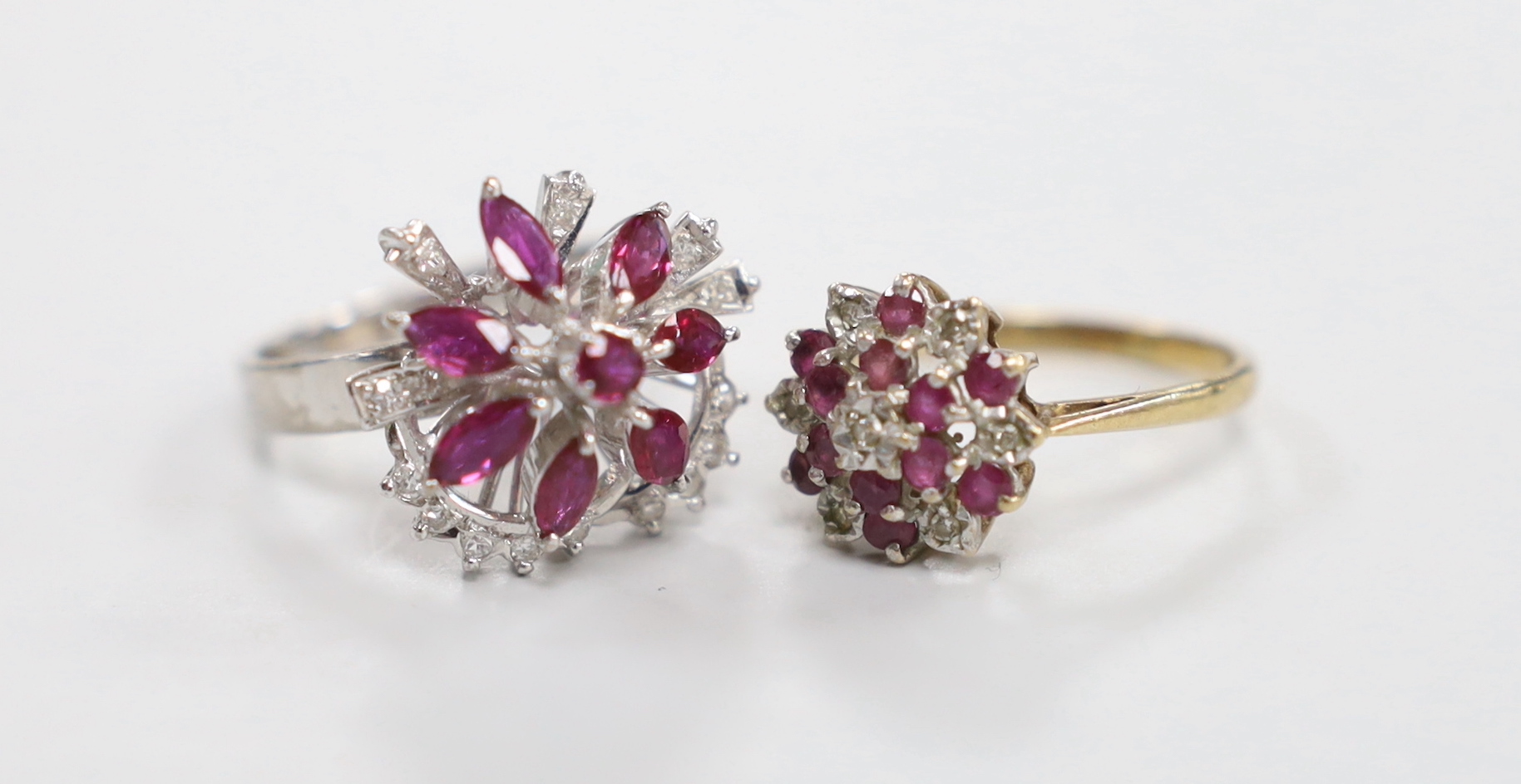 Two modern 9ct gold and gem set cluster dress rings including ruby and diamond, size N, gross weight 7.8 grams.